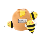 Pot de miel Honey et trois abeilles rayées jaune et noir