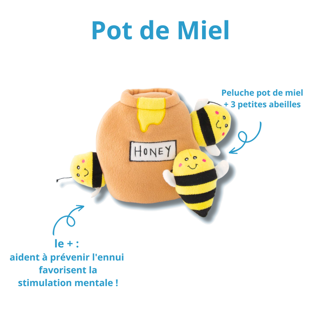 Pot de miel et trois abeilles à cacher pour occuper le chien