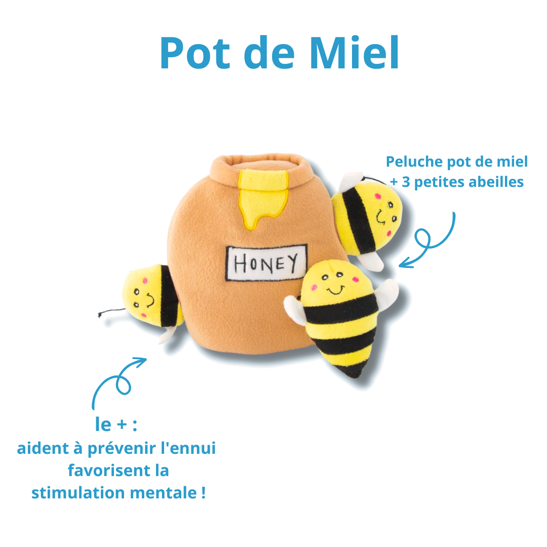Pot de miel et trois abeilles à cacher pour occuper le chien