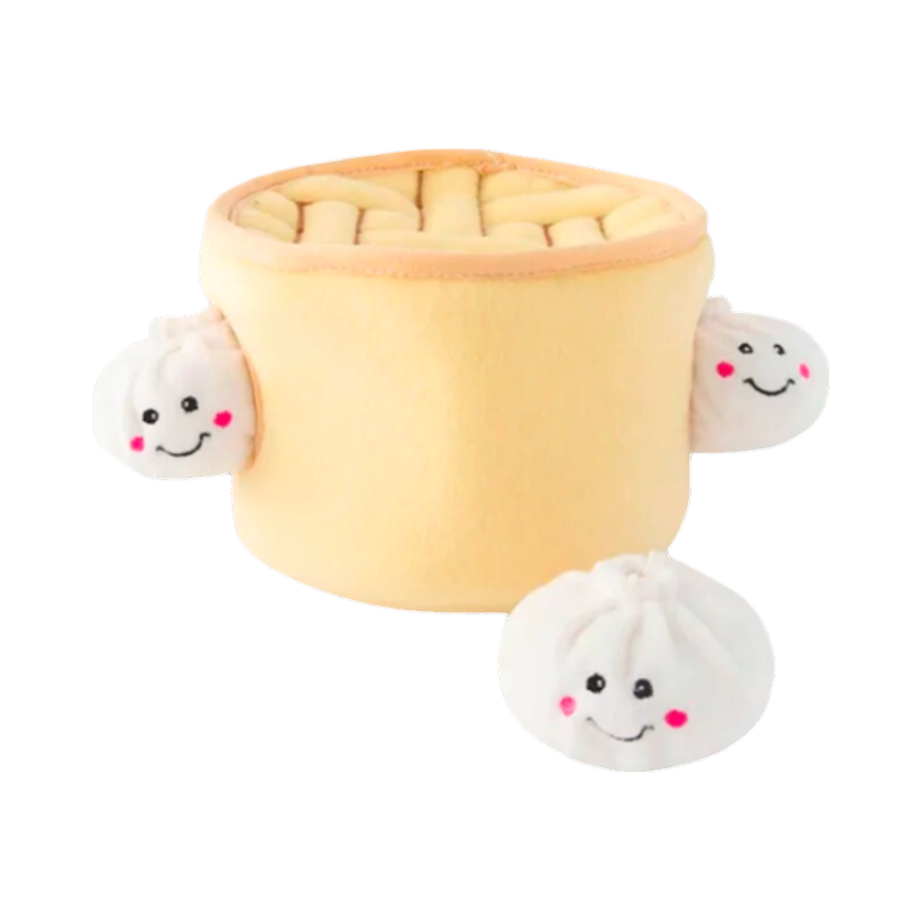 Panier vapeur crème en peluche et ses trois petits baos souriants