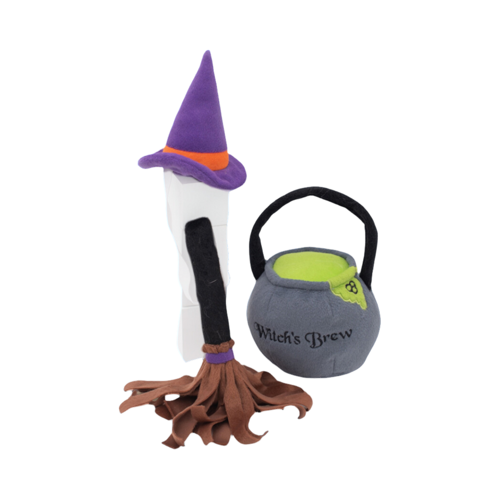 Chapeau violet, balai en peluche et chaudron gris