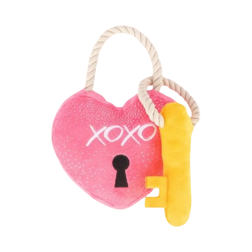 Cœur rose brodé XOXO avec clé jaune et anse en corde