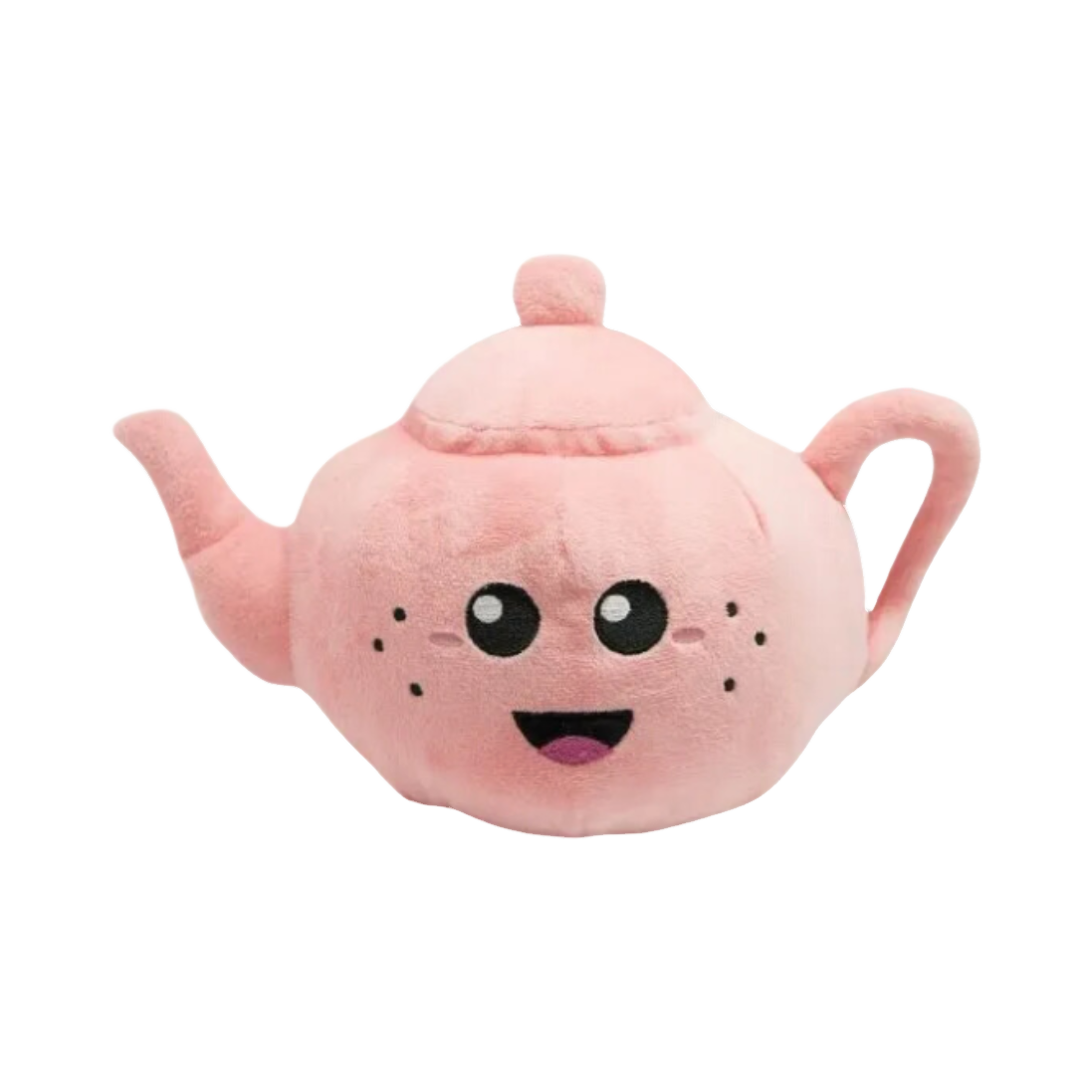 Théière rose poudré au visage souriant et taches de rousseur