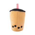 Gobelet de bubble tea en peluche avec paille rose, vu de dos