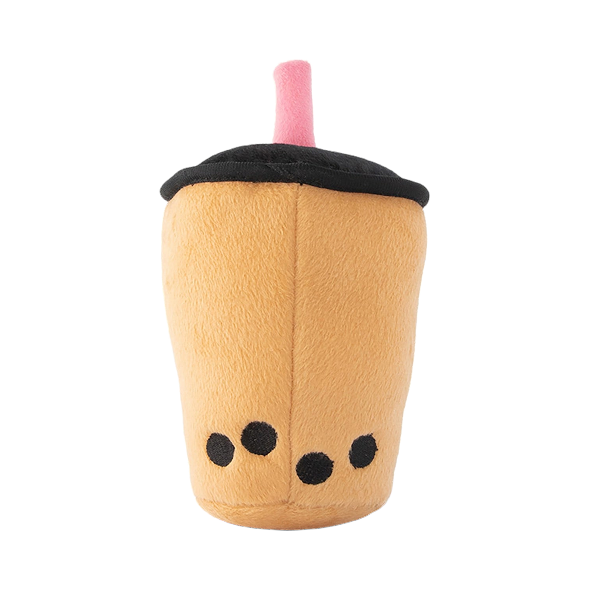 Gobelet de bubble tea en peluche avec paille rose, vu de dos