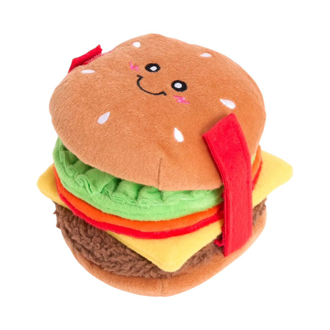 Burger souriant avec salade, cheddar, tomate et steak