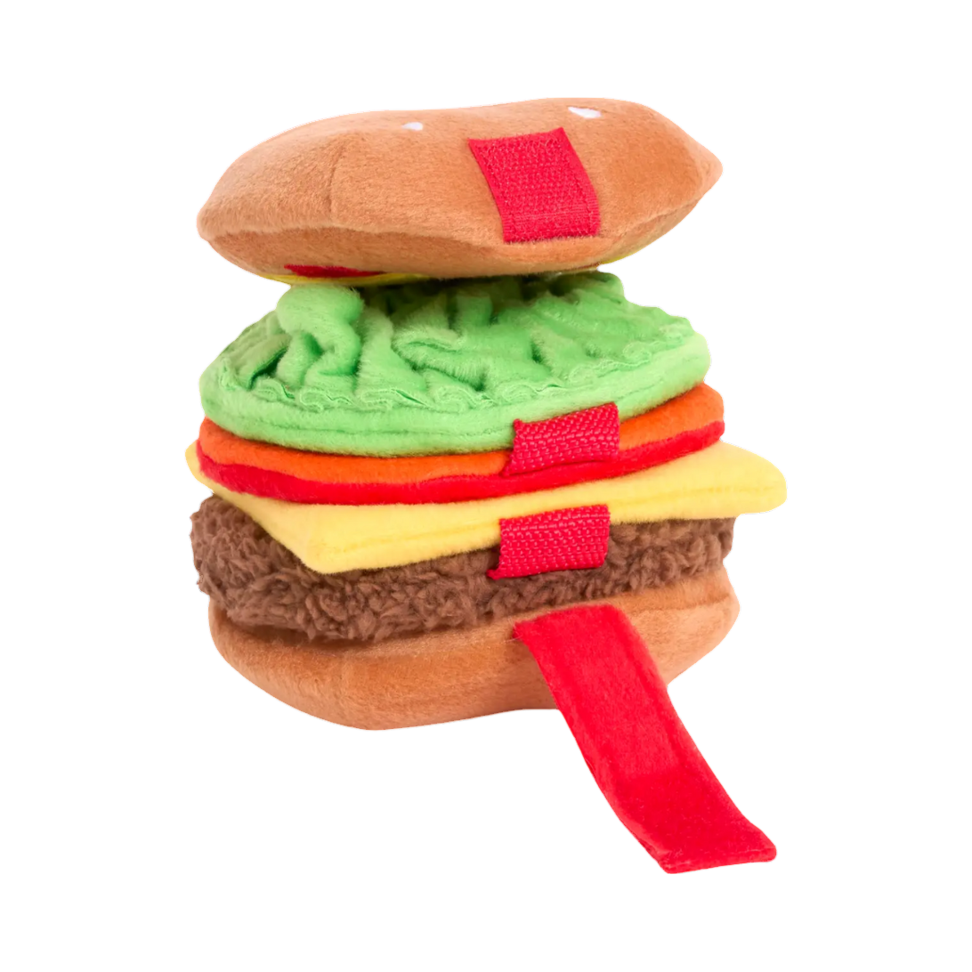 Burger vu de face avec rabats rouges sur les côtés