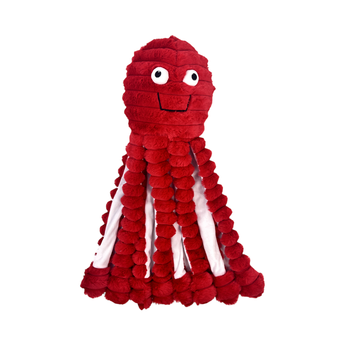 Pieuvre rouge souriante aux tentacules bouclés et rayures blanches