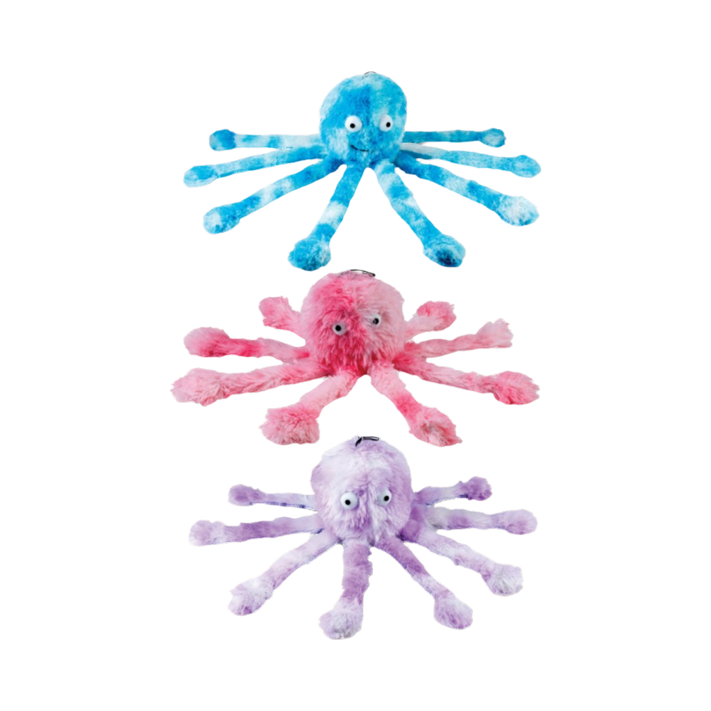 Trois pieuvres bleue, rose et violette aux longues tentacules
