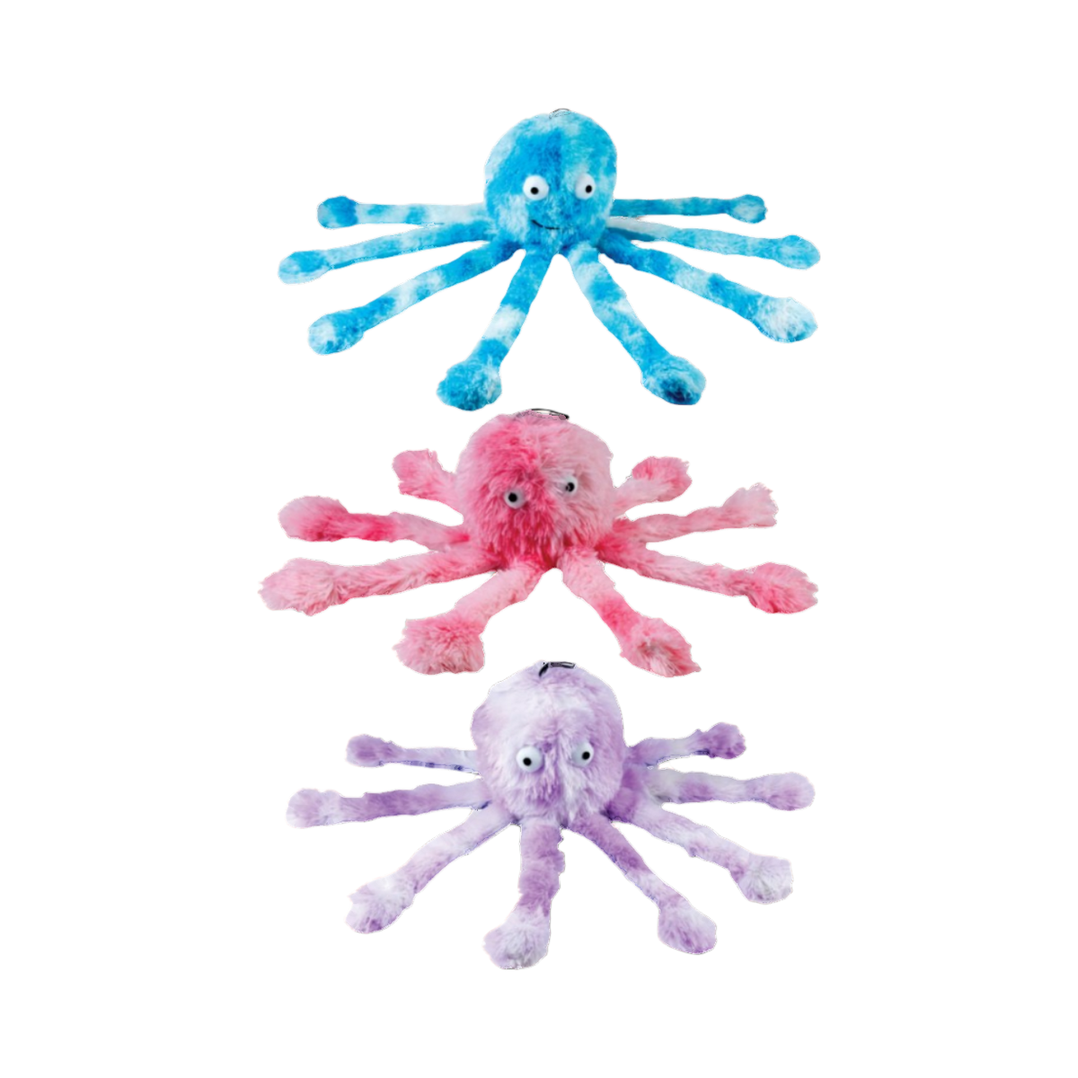 Trois pieuvres bleue, rose et violette aux longues tentacules