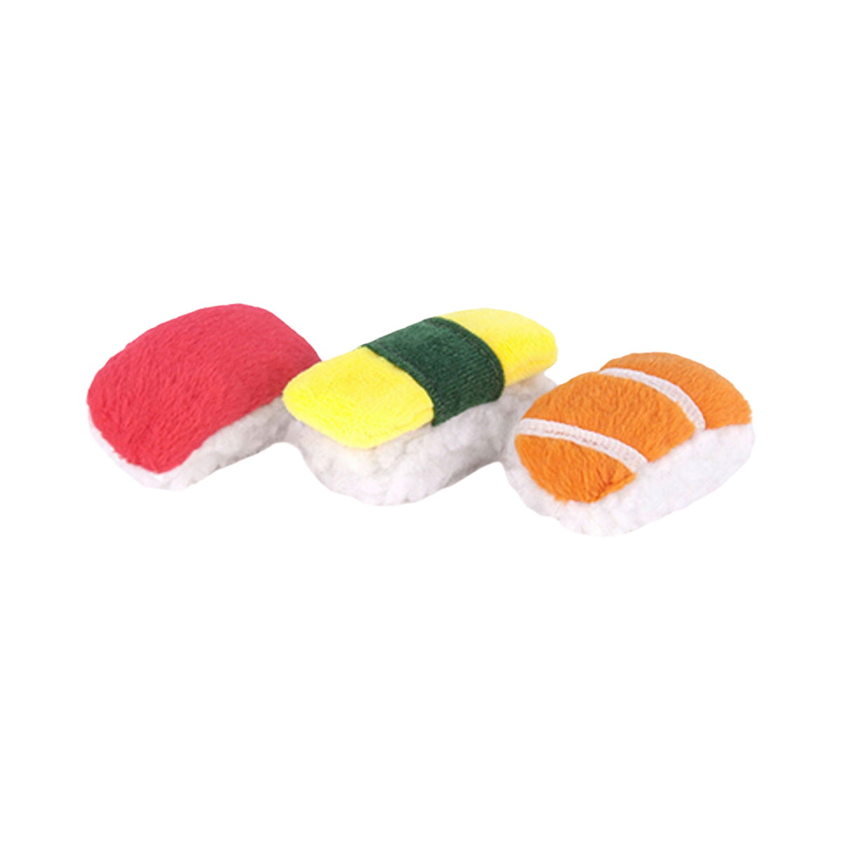 Trois sushis colorés rouge, jaune et orange sur riz blanc