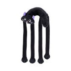 Chat noir aux oreilles violettes et quatre longues pattes pendantes