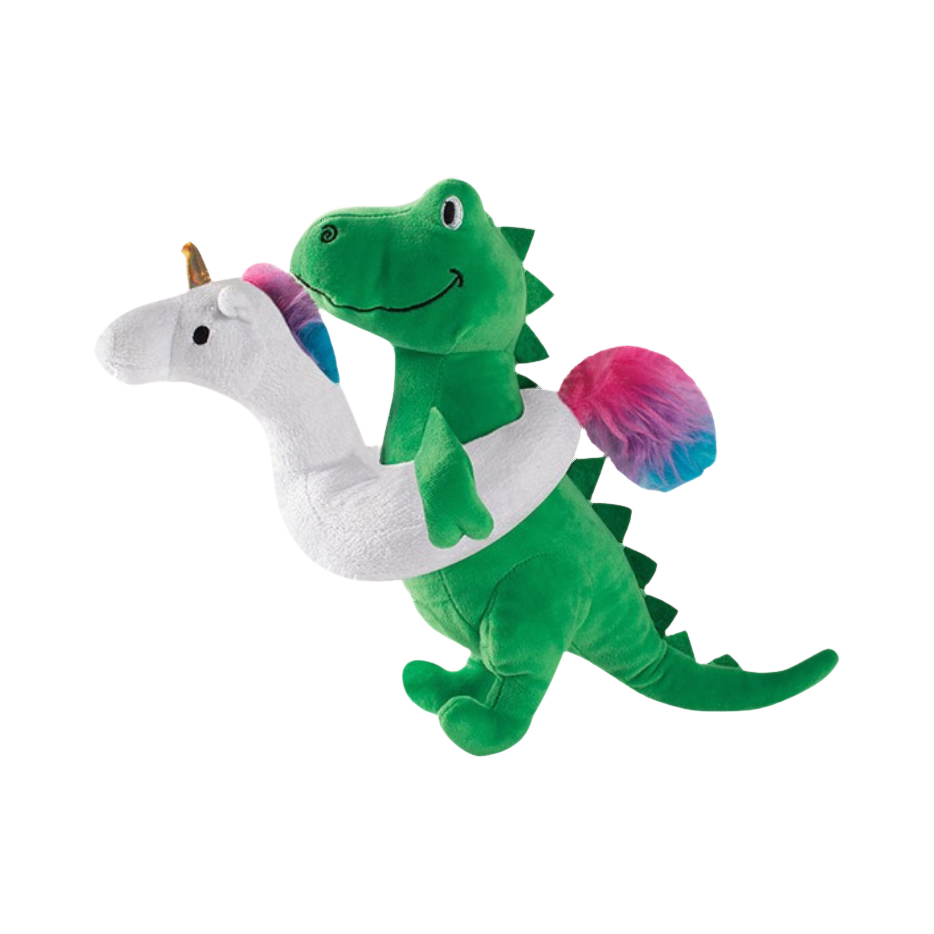 Dinosaure vert sur une bouée licorne arc-en-ciel