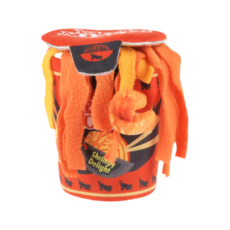 Pot de ramen vu de face, lanières orange qui débordent