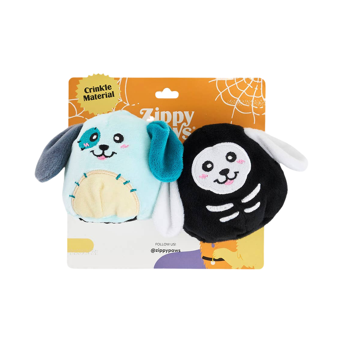 Deux chiots bleu clair et noir squelette sous carton orange