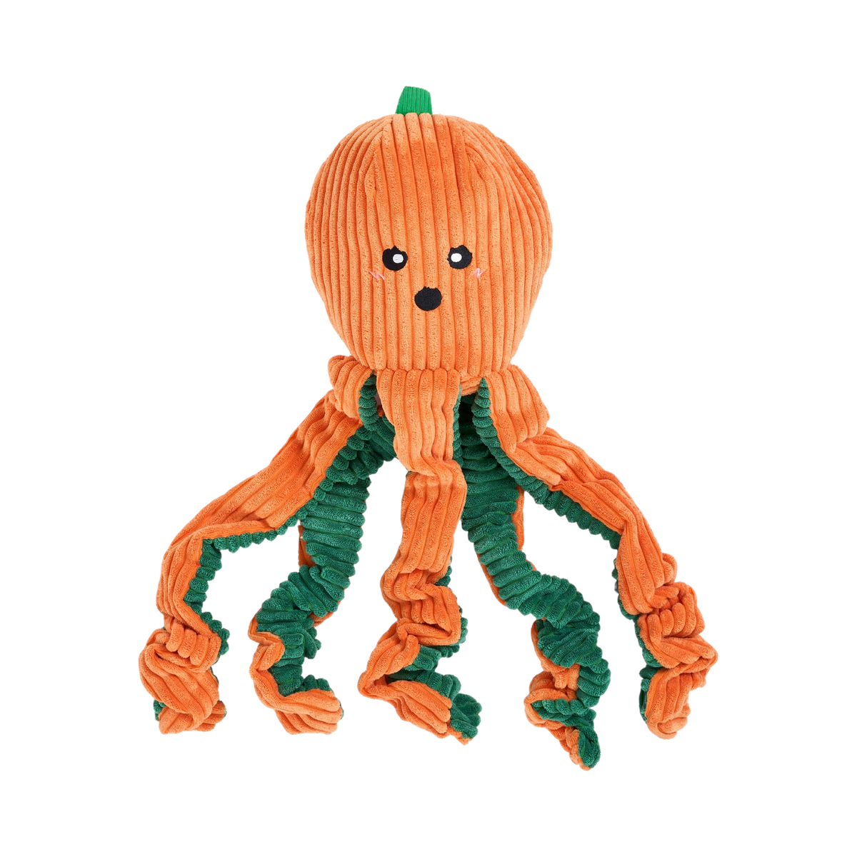 Pieuvre orange côtelée aux tentacules verts et orange frisés