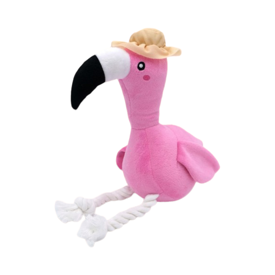 Flamant rose au chapeau de paille et pattes en corde blanche