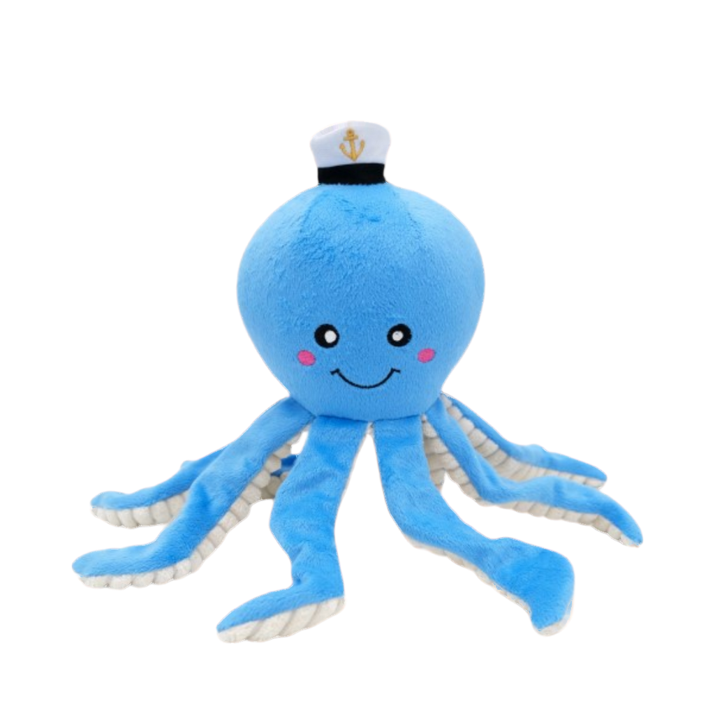 Pieuvre bleu ciel debout, tentacules rayées pendantes