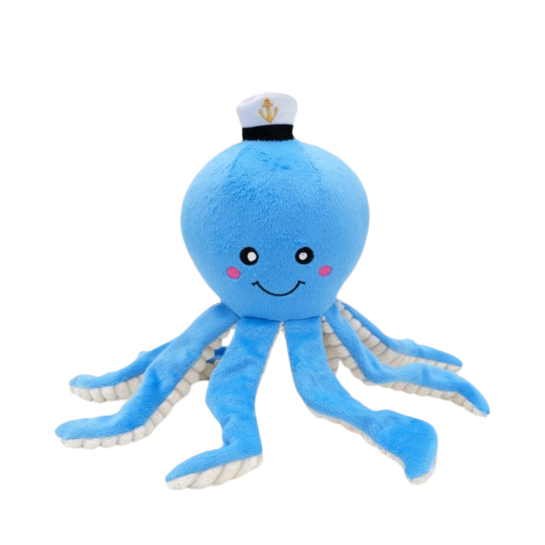 Pieuvre bleu ciel debout, tentacules rayées pendantes