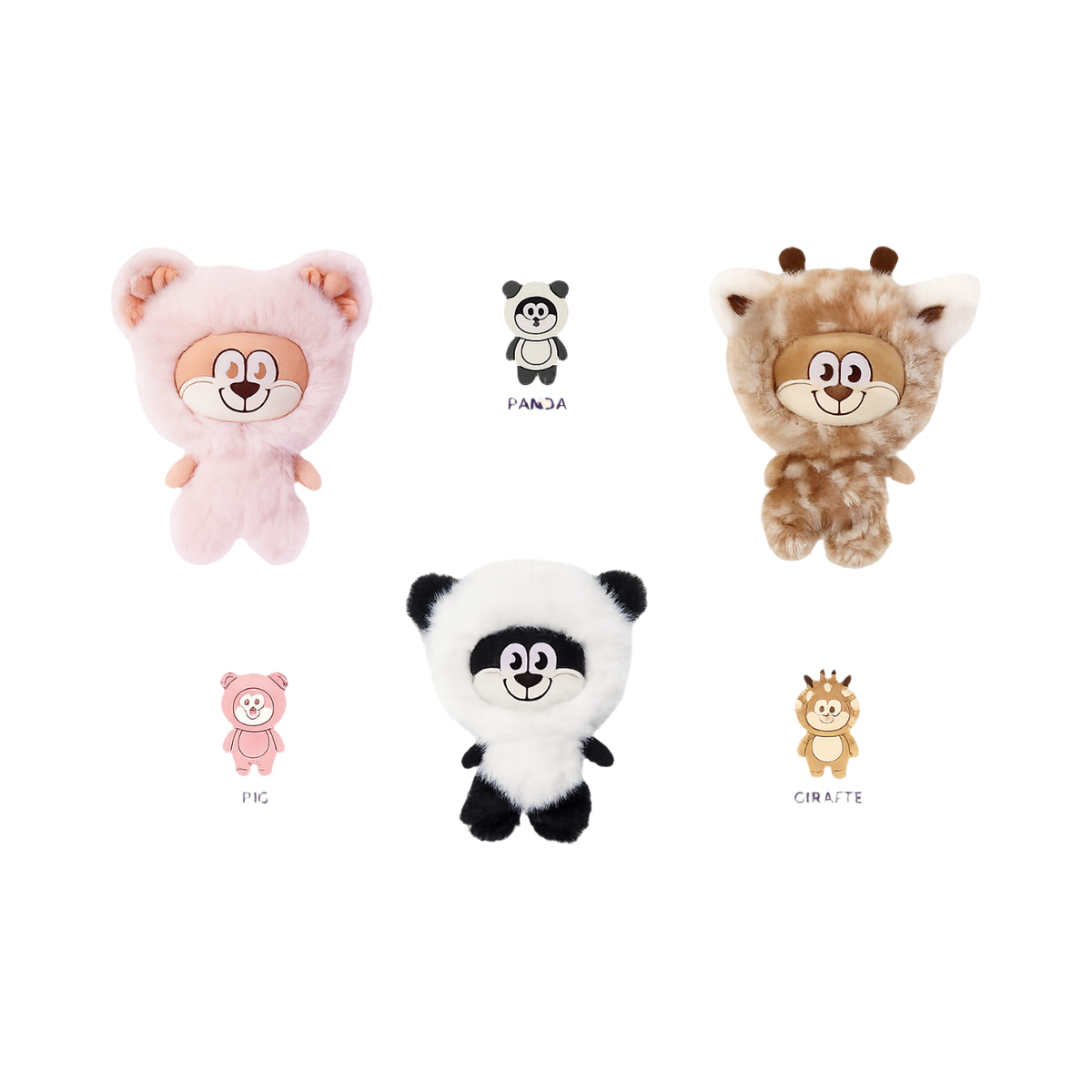 Peluches surprises ours rose, panda et girafe avec leurs noms
