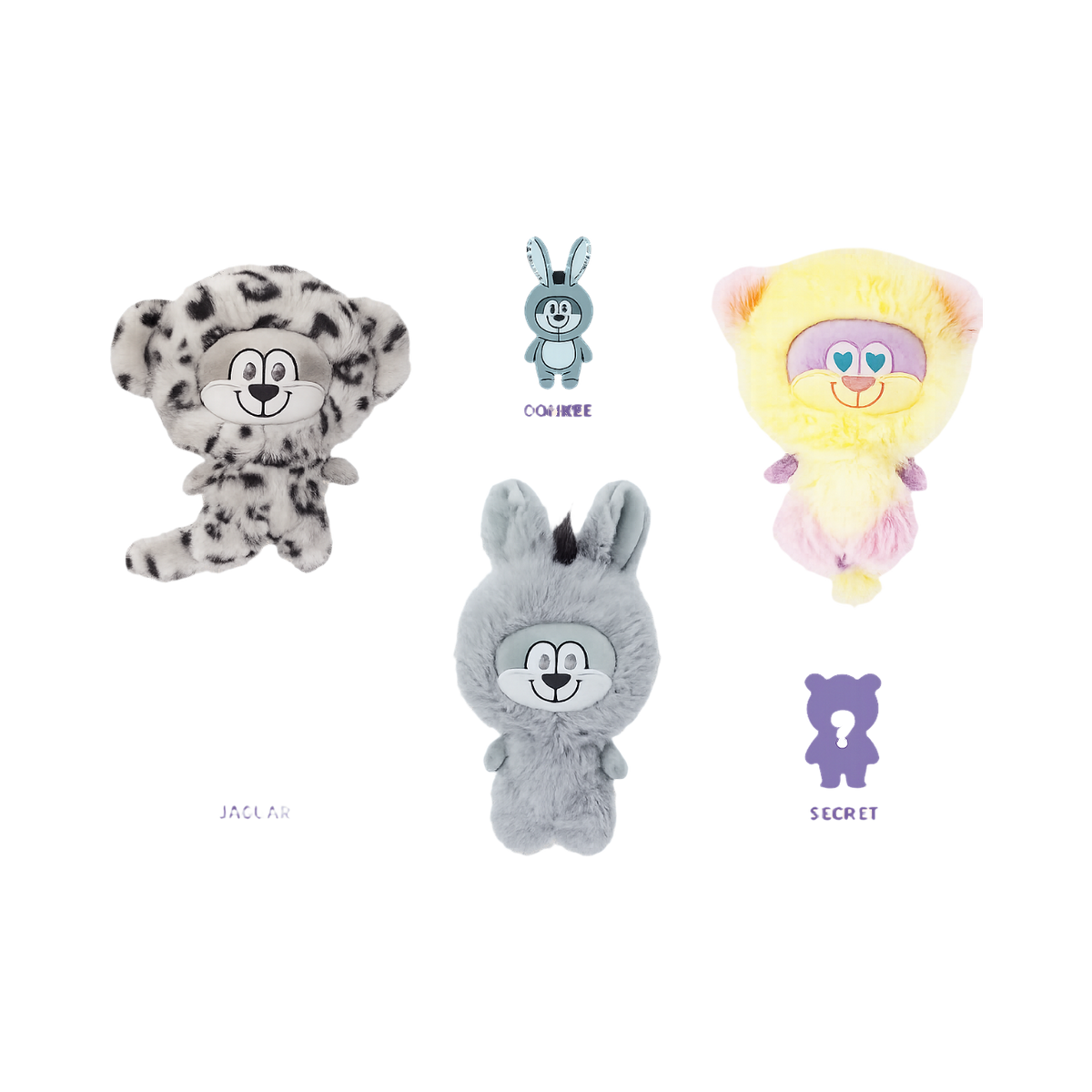 Peluches surprises jaguar, lapin gris et chat jaune avec leurs noms