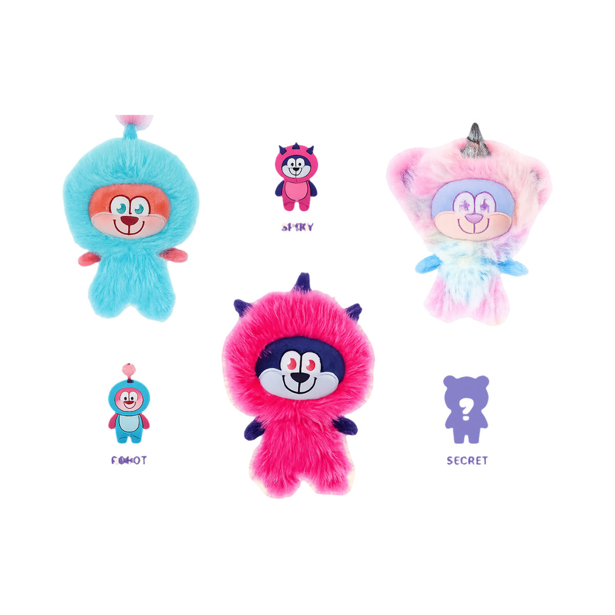 Monstres surprises bleu, rose et fuchsia avec leurs noms