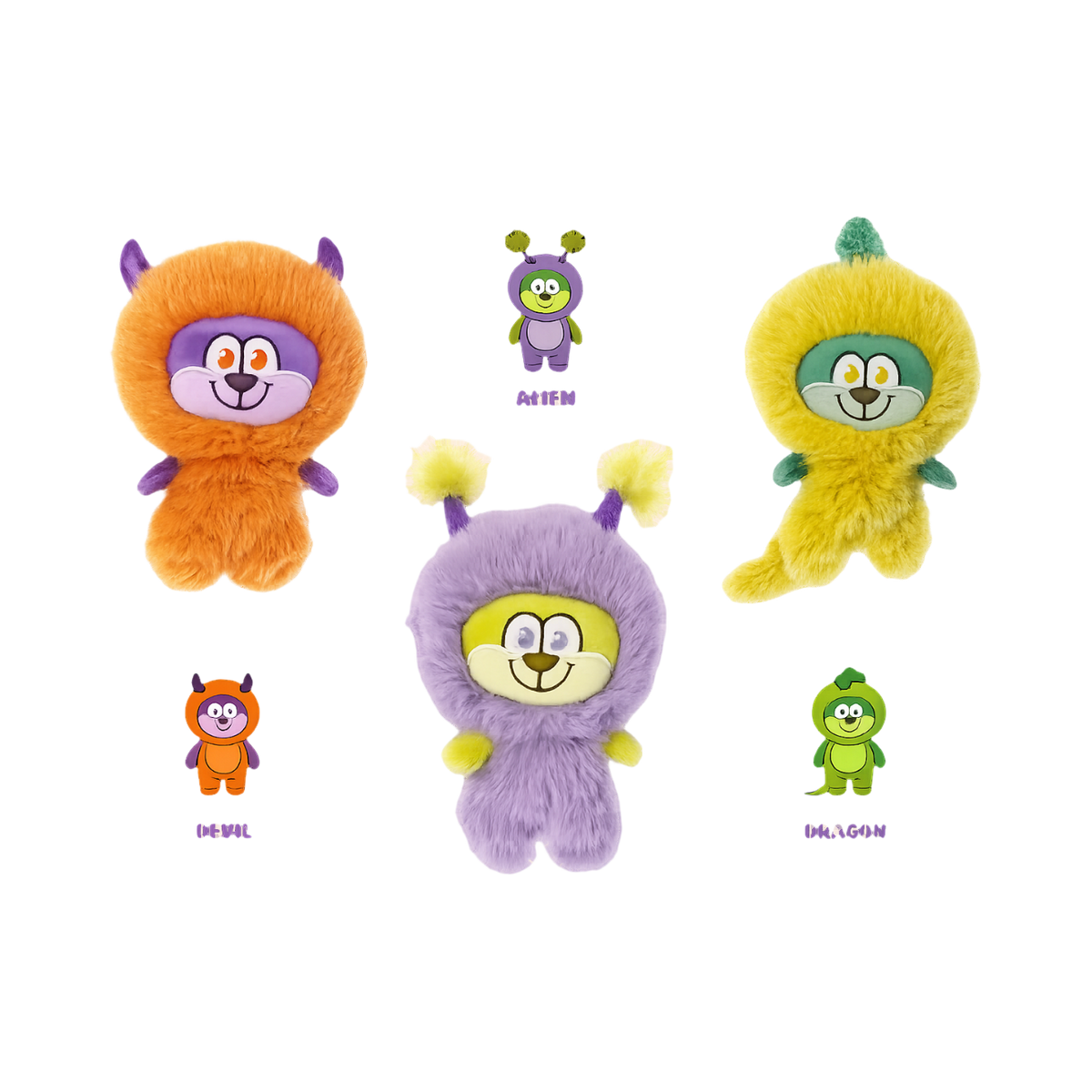 Monstres surprises orange, mauve et jaune avec leurs noms