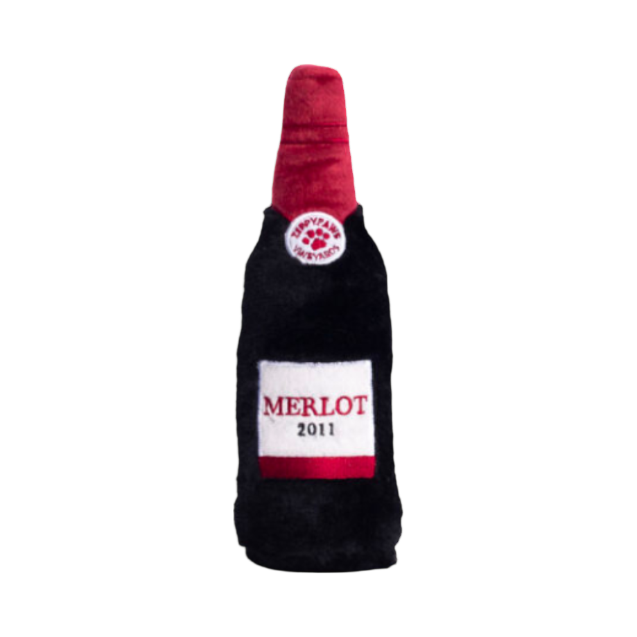 Bouteille noire au goulot bordeaux et étiquette Merlot blanche
