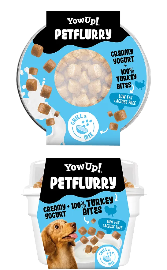 Pot de Pet Flurry dinde YowUp! vu du dessus, morceaux de viande visibles
