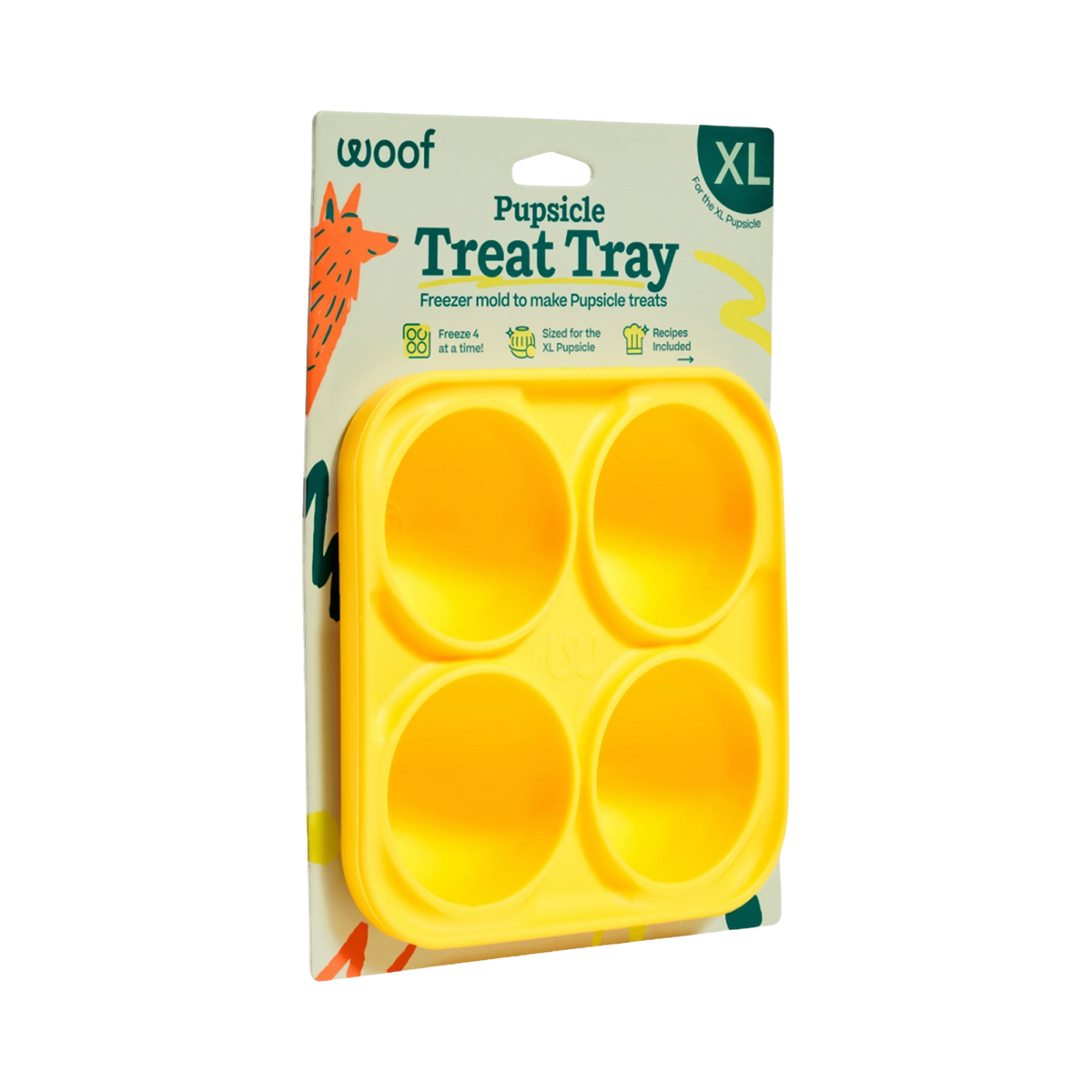 Moule jaune à quatre grandes alvéoles, emballage Treat Tray XL