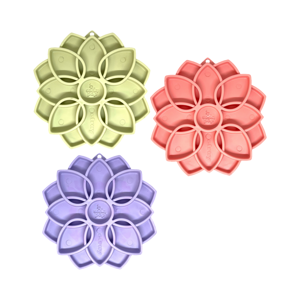 Trois fleurs vert anis, corail et lilas