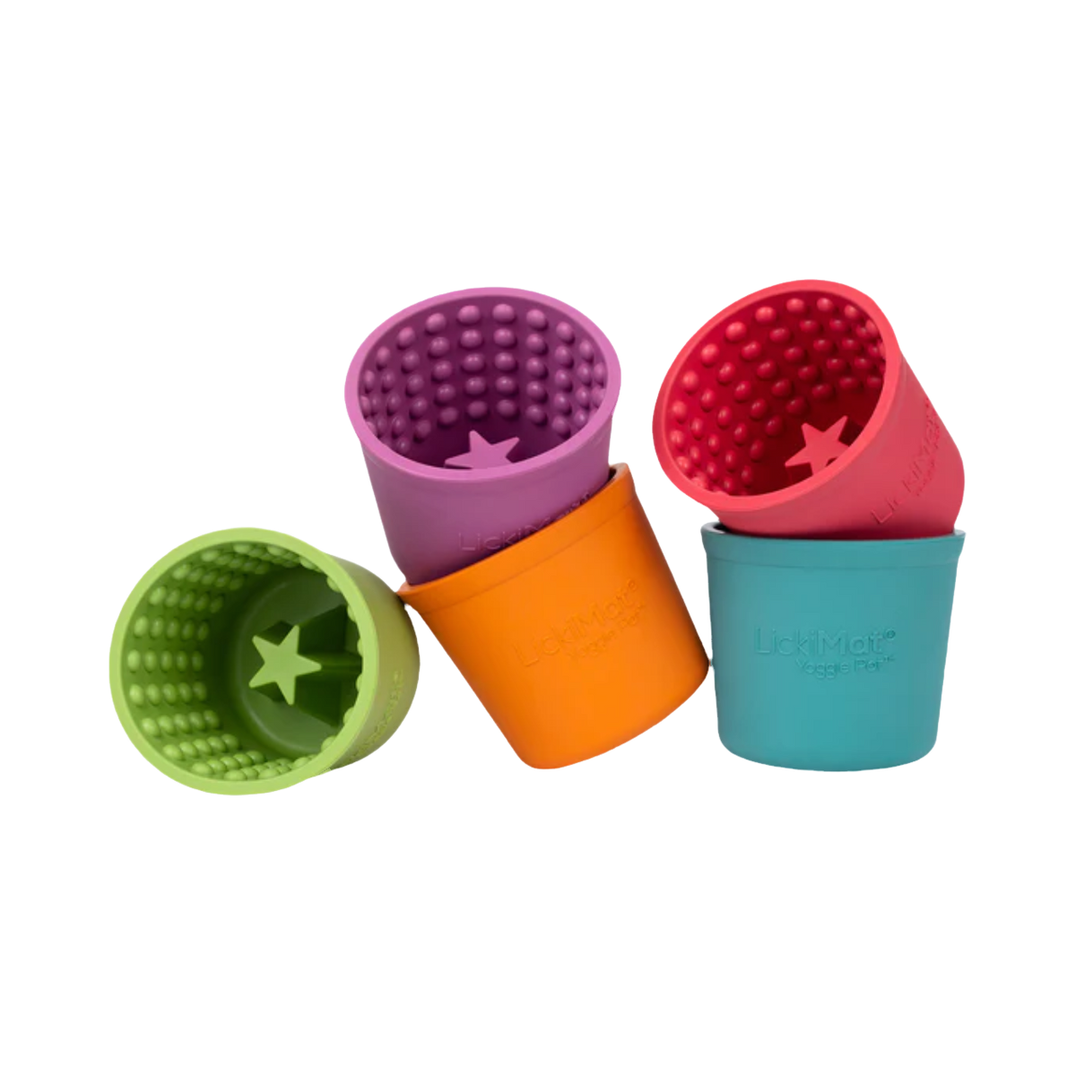 Cinq gobelets vert, orange, violet, rouge, turquoise