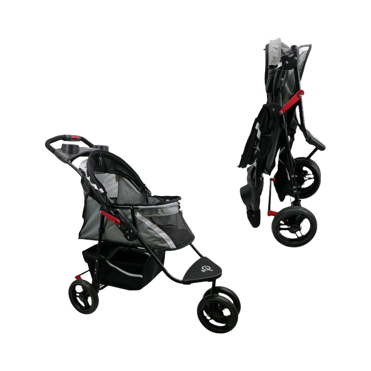Poussette dépliée à côté de la version pliée