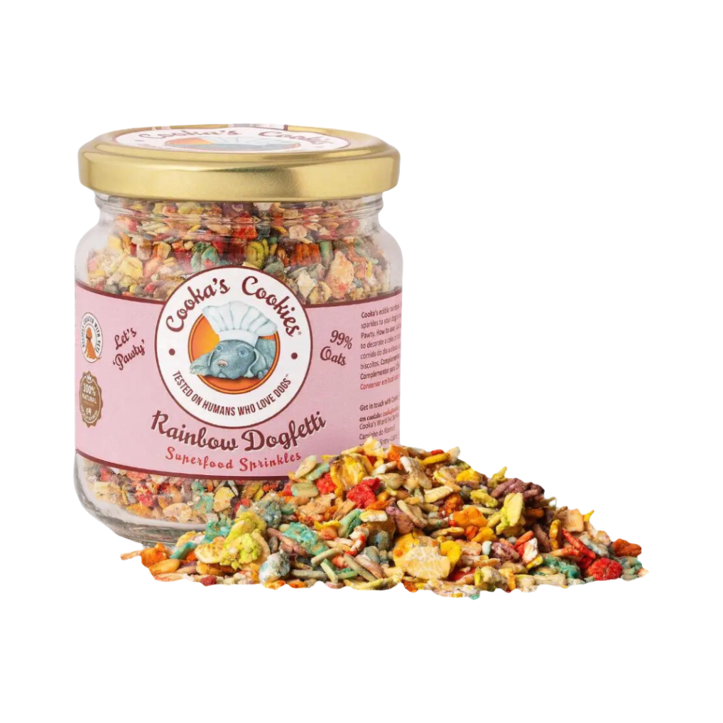 Bocal en verre étiquette rose, confettis colorés à ses pieds