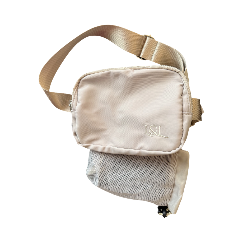 Sac banane beige et sa poche gourde grise