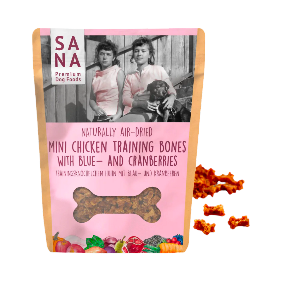 Sachet SANA Mini Chicken Training Bones rose avec os à côté