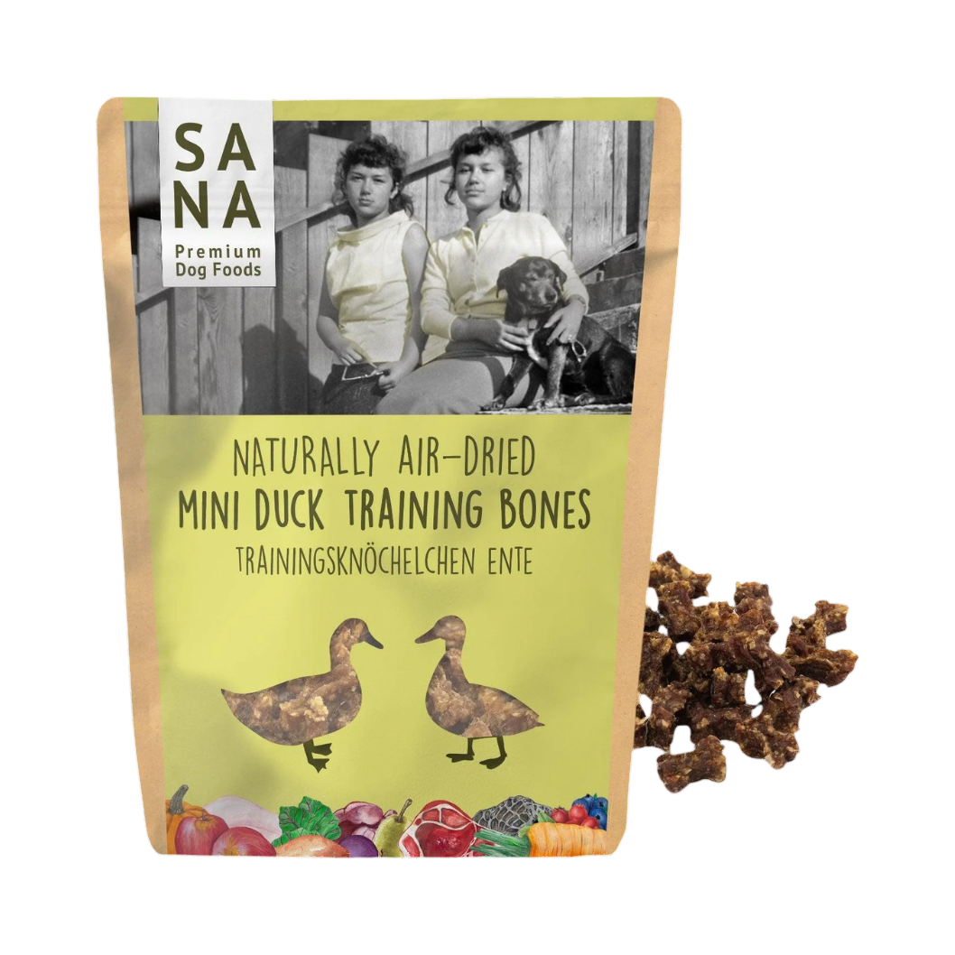 Sachet SANA Mini Duck Training Bones jaune avec os à côté