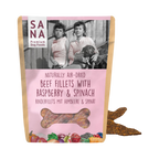 Sachet SANA Beef Fillets framboise et épinard avec filets à côté