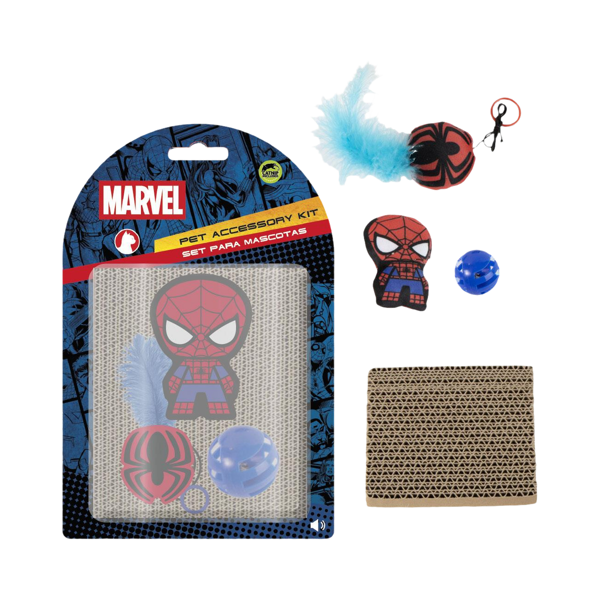 Blister illustré avec griffoir, peluche, plumeau et balle