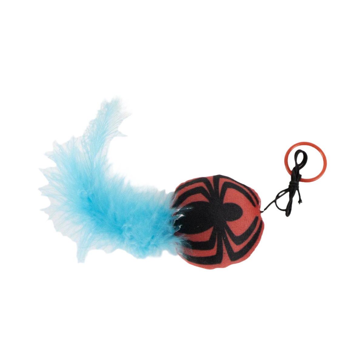 Jouet plumes bleues avec tête rouge araignée et anneau