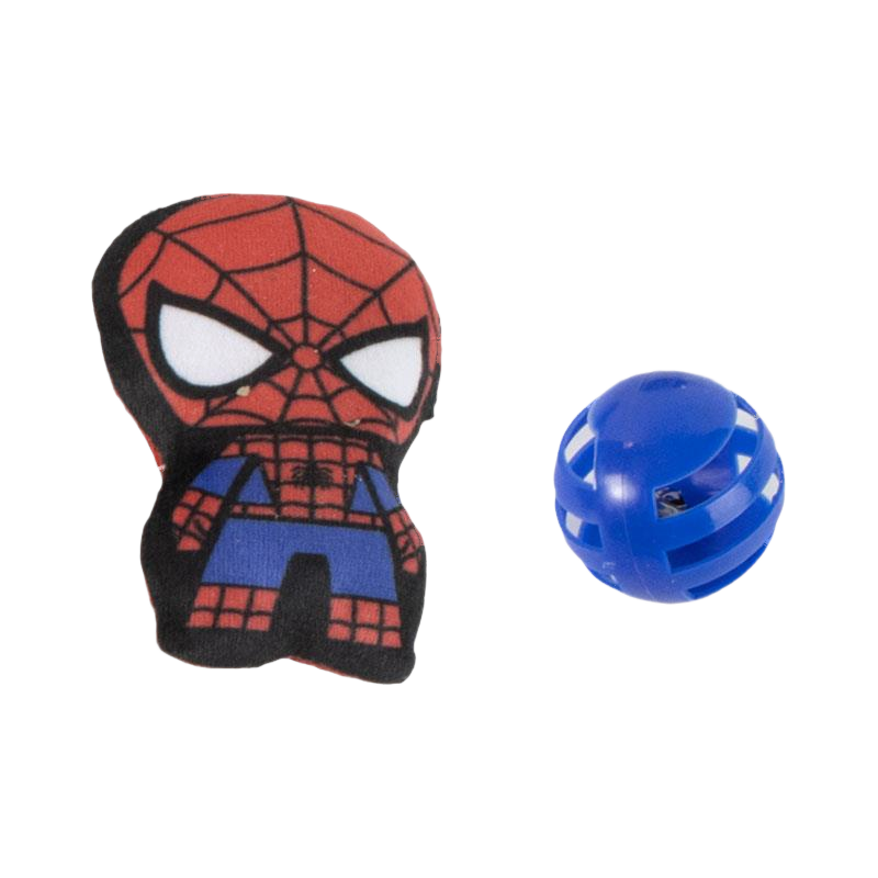 Peluche Spider-Man à côté d'une balle grelot bleue