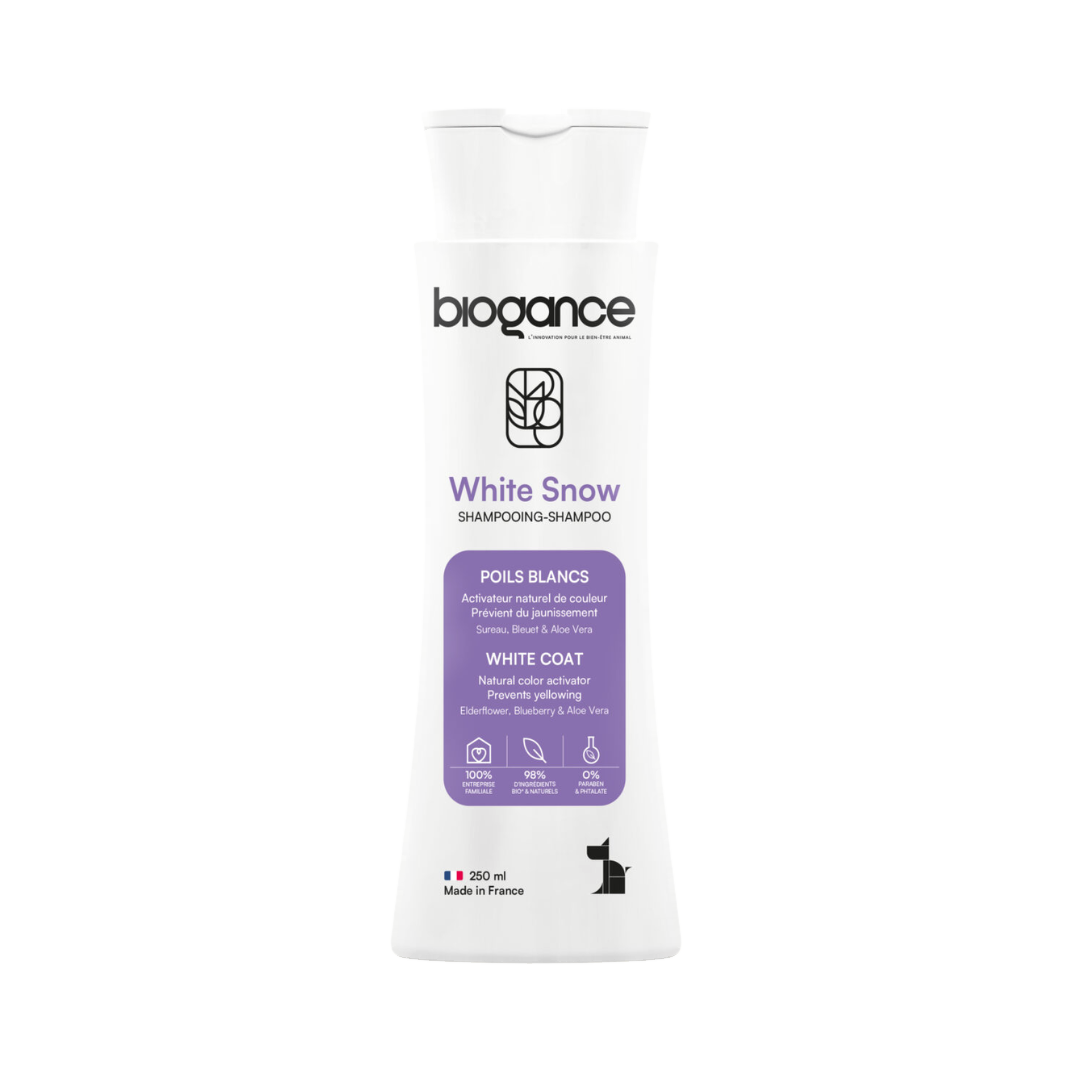 Flacon blanc à bouchon clapet, étiquette violette Poils Blancs