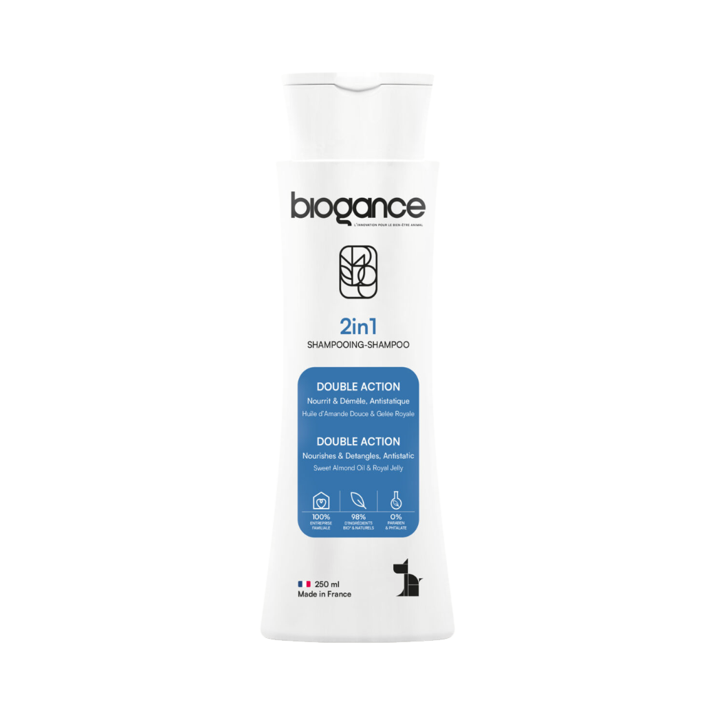 Flacon blanc à bouchon clapet, étiquette bleue Double Action