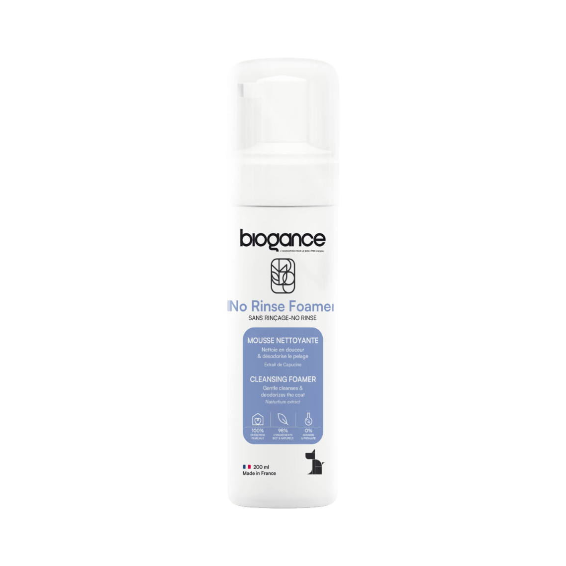 Flacon mousse blanc à étiquette bleue No Rinse Foamer