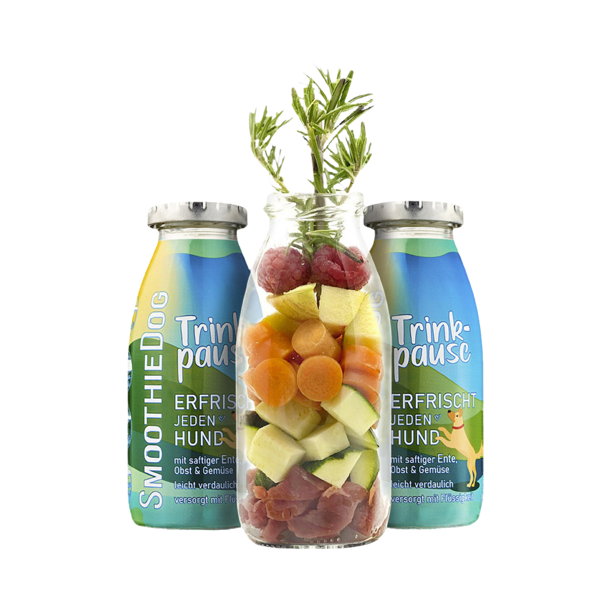 Bocal de fruits et légumes entre deux bouteilles Trinkpause