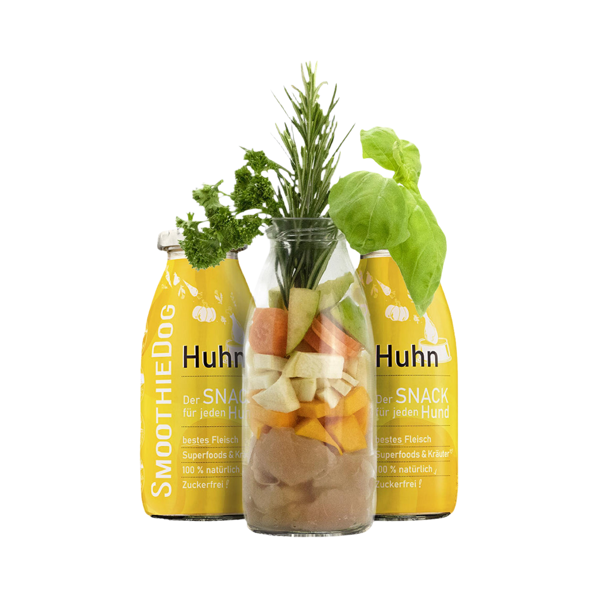 Bocal de poulet et légumes entre deux bouteilles Huhn
