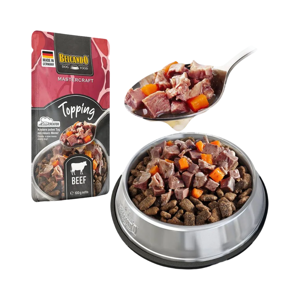 Sachet avec cuillère de viande et gamelle de croquettes garnie