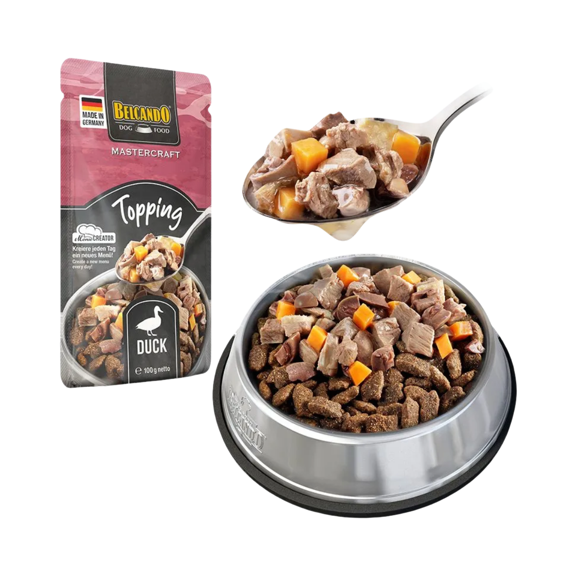 Sachet, cuillère de morceaux et gamelle métal garnie