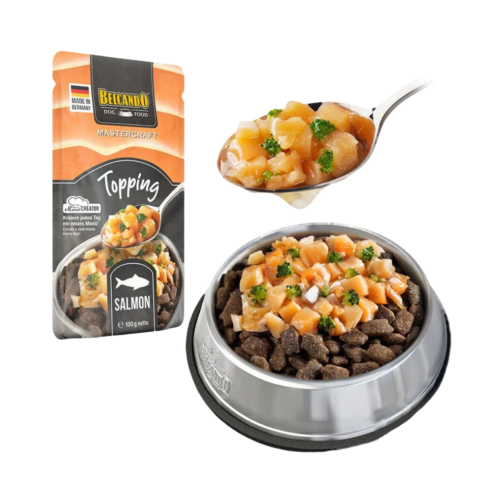 Cuillère de saumon en sauce au-dessus d'une gamelle