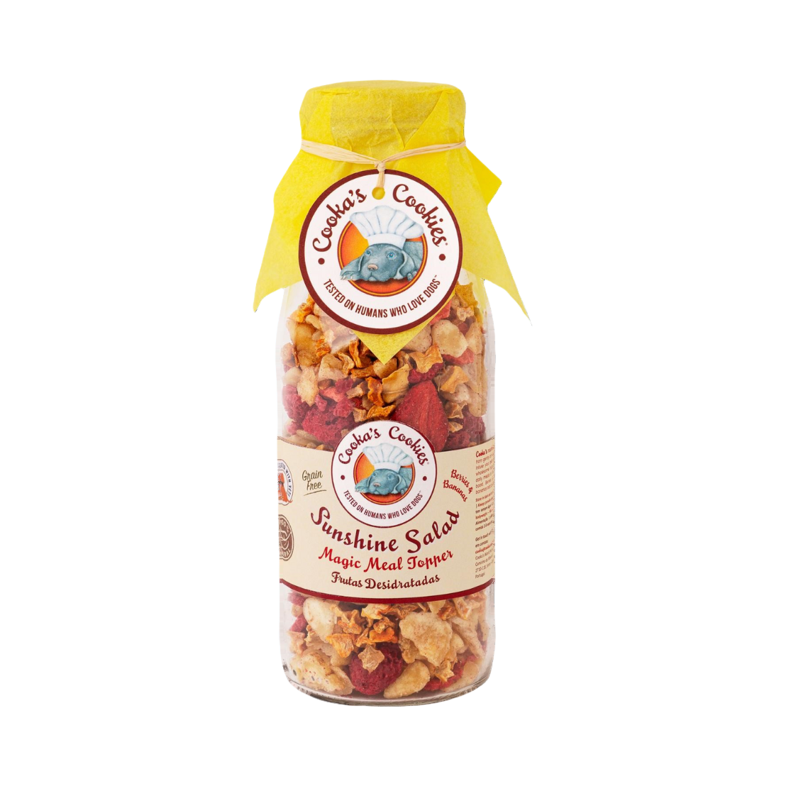 Bouteille en verre au ruban jaune remplie de fruits séchés